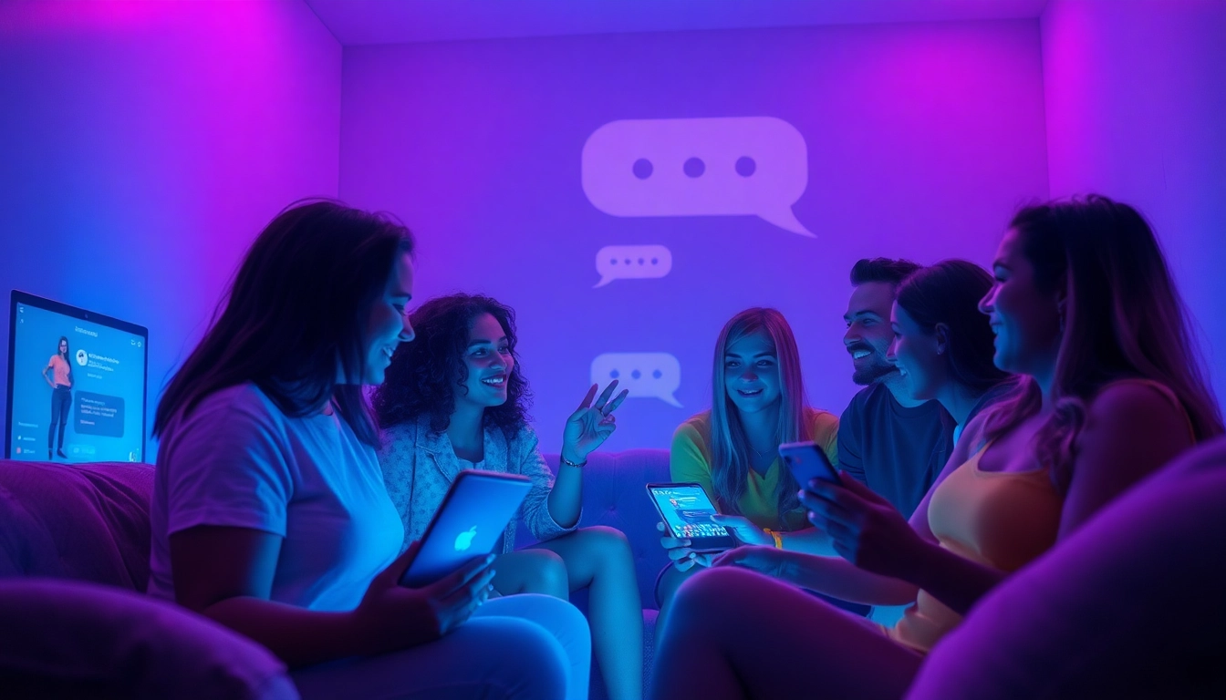 Engaging NSFW AI chat scene with diverse characters in a relaxed digital chatroom.