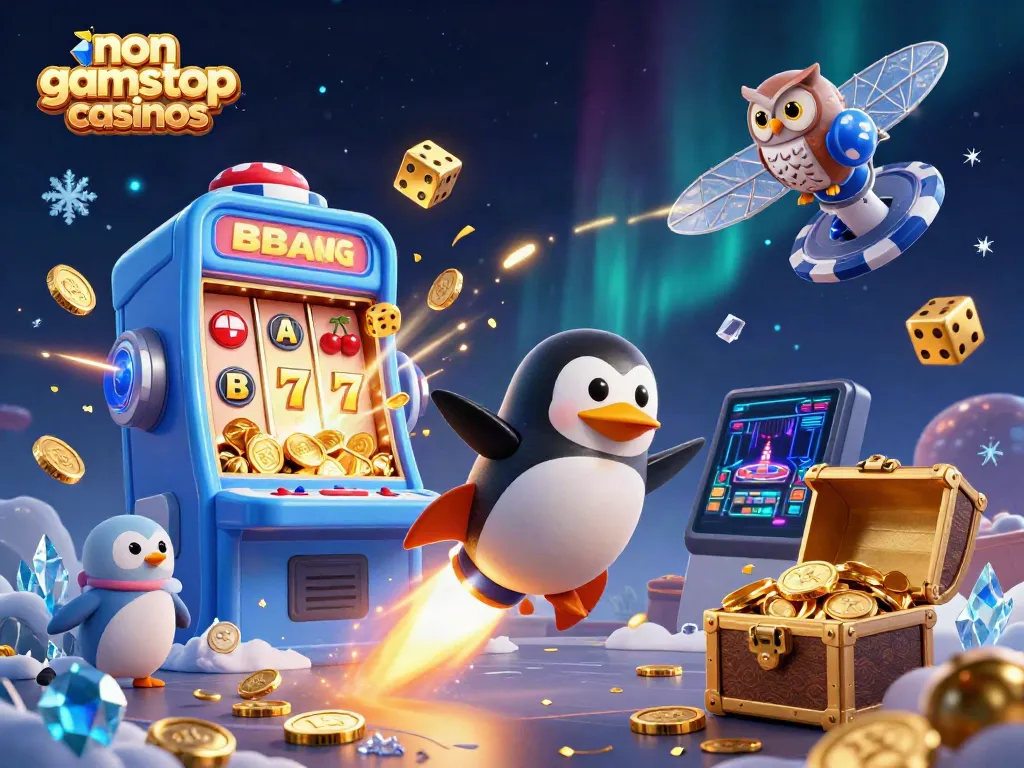 Experience non gamstop casinos with a rocket-powered golden penguin navigating a casino-inspired space station.