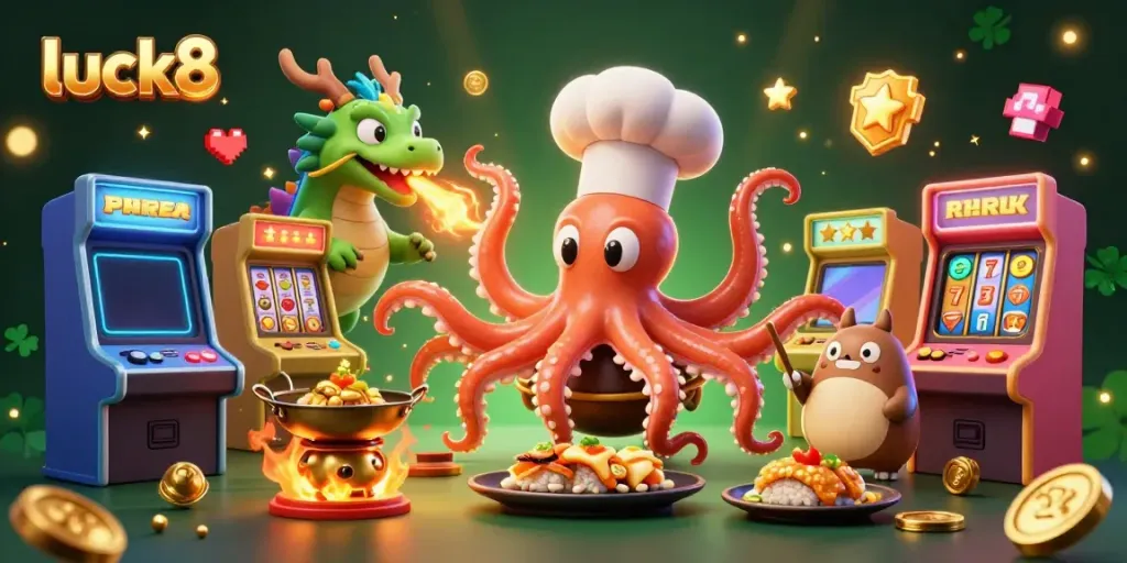Play exciting games at luck8 with a vibrant illustration of unique characters and casino elements.