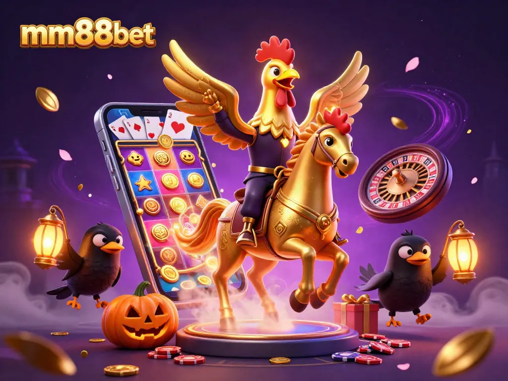 Experience mm88bet thrills with a golden rooster and mystical characters in an engaging casino scene.