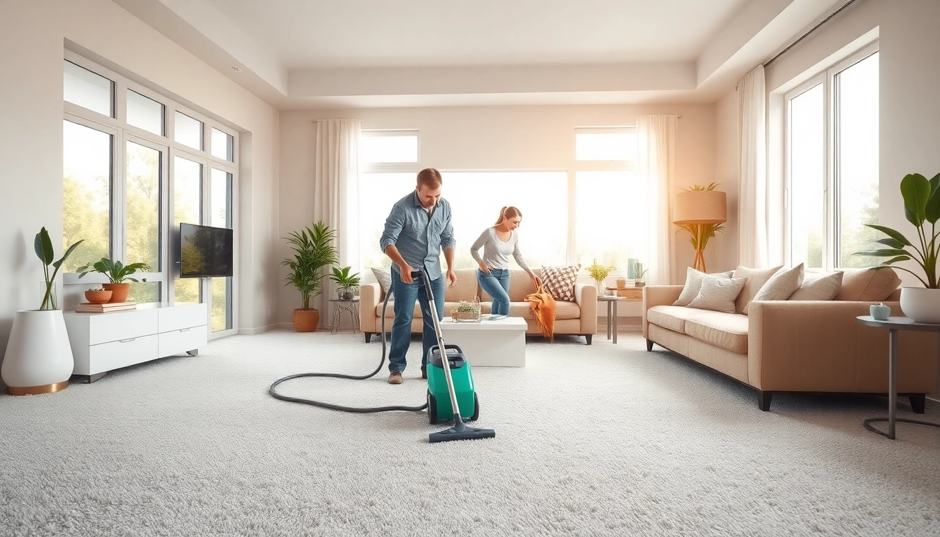 Professional carpet cleaning shown in a bright living room with happy family and pristine carpets.