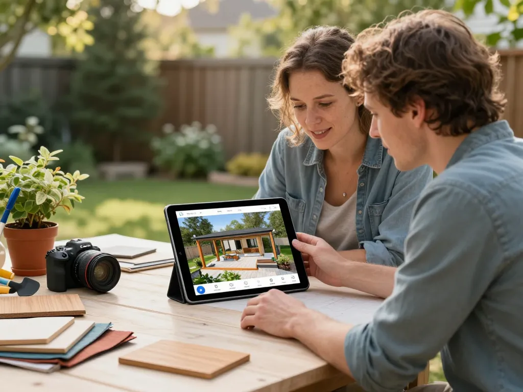 Veranda configurator demo with couple designing their dream outdoor space using a tablet in a sunny backyard.