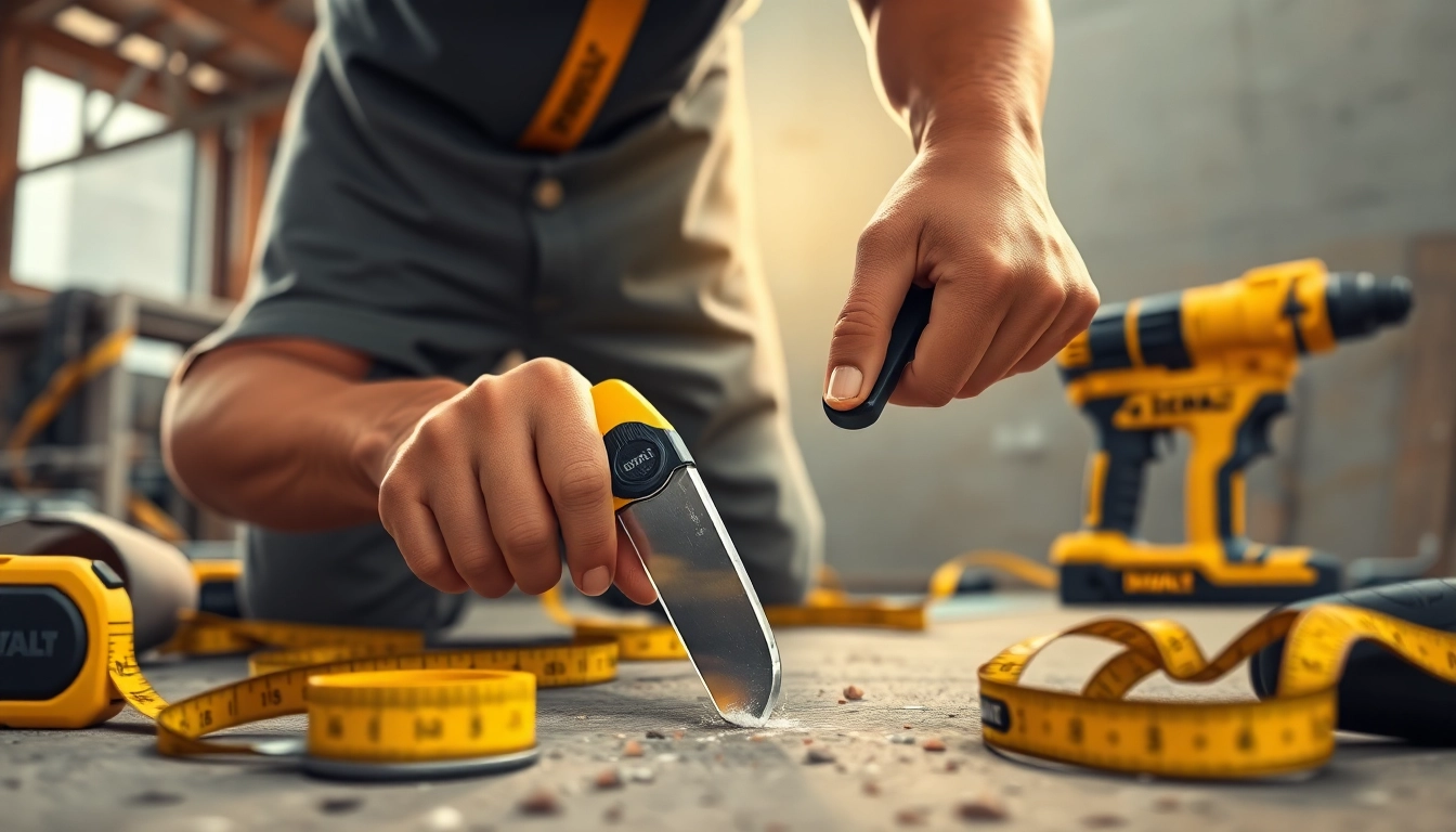 DeWalt knife slicing through heavy-duty materials, showcasing durability and precision.