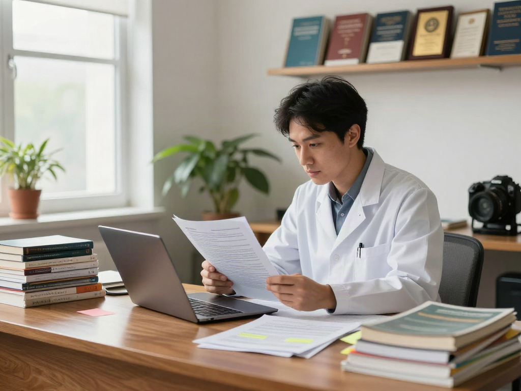 Researcher engaged in reading a full article, surrounded by scholarly materials and bright workspace.