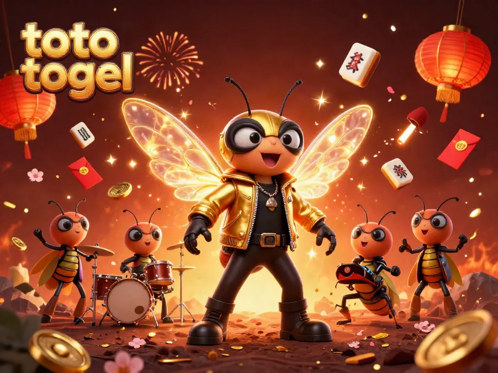 Engage with the joyous world of toto togel, featuring a vibrant scene of a cicada rock star and gaming elements.