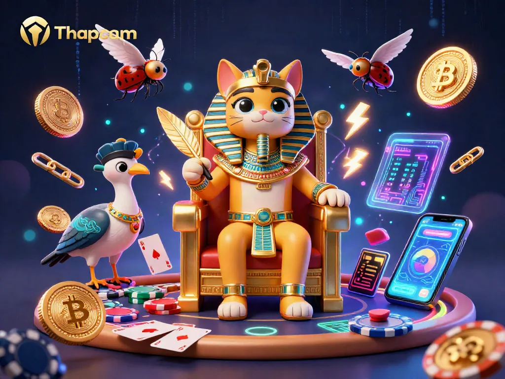 Engage with Thapcam in a vibrant digital casino scene featuring poker elements and crypto coins.