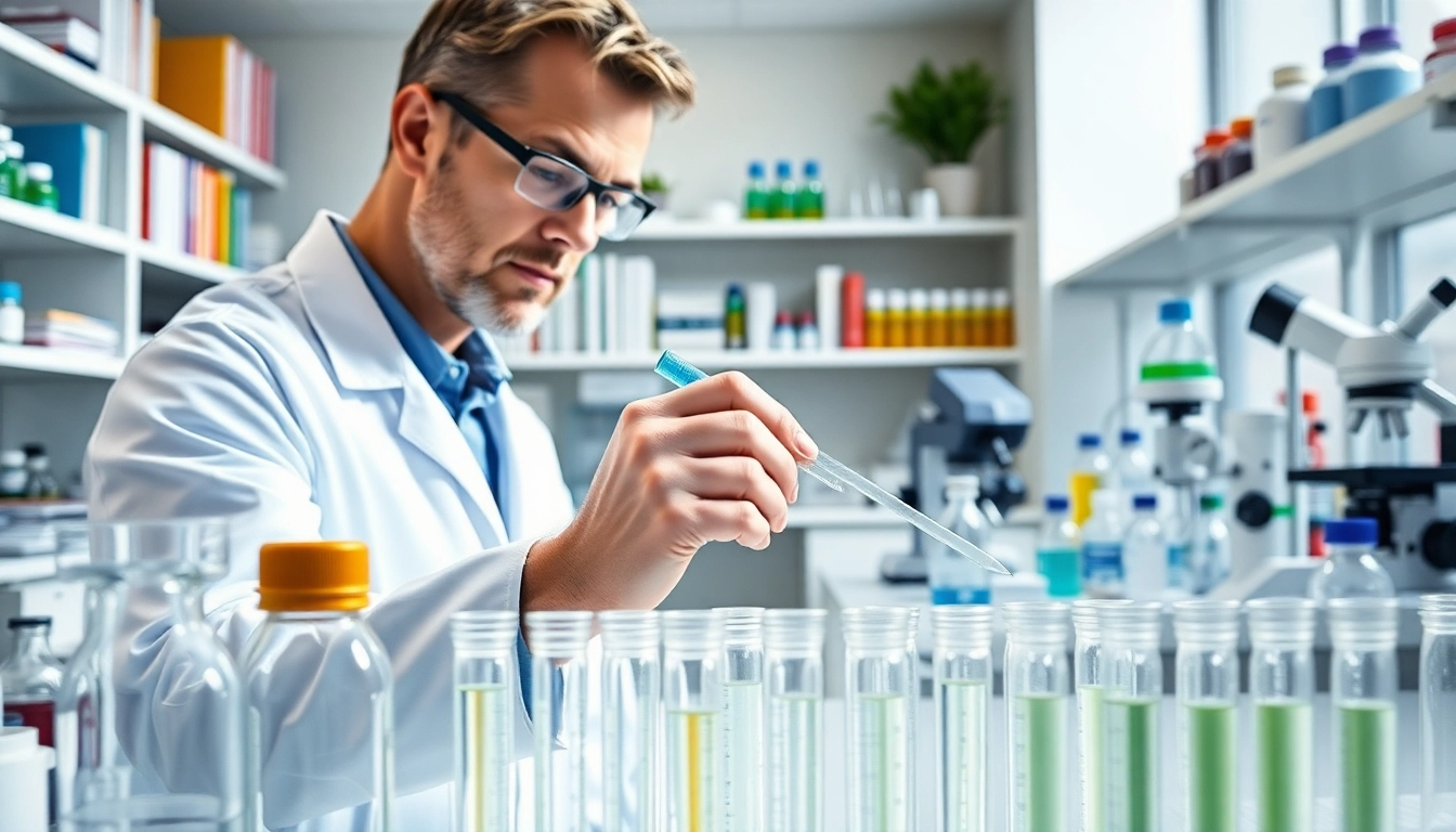 An expert analyzing Peptides UK in a high-tech laboratory, showcasing precision and professionalism.