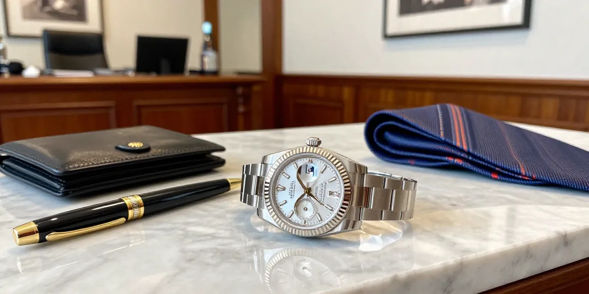 Close-up of a rolex replica on a marble countertop with luxury accessories.