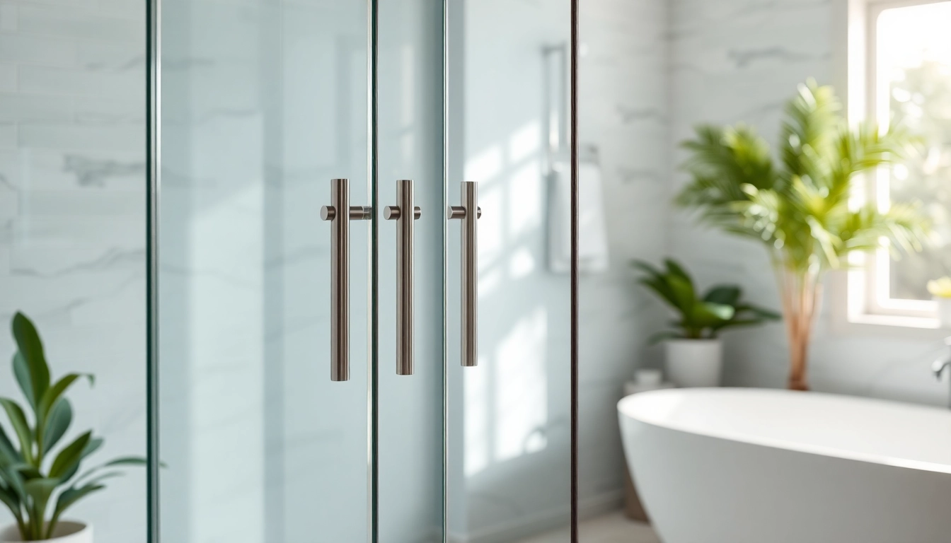 Elegant shower doors sliding in a modern bathroom with bright lighting and warm colors.