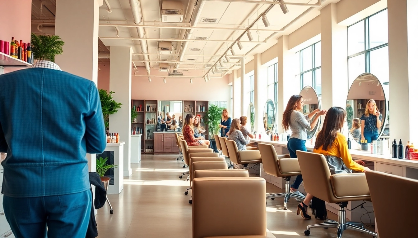 Find the best hair salons showcasing stylish interiors and professional stylists actively engaging with clients.