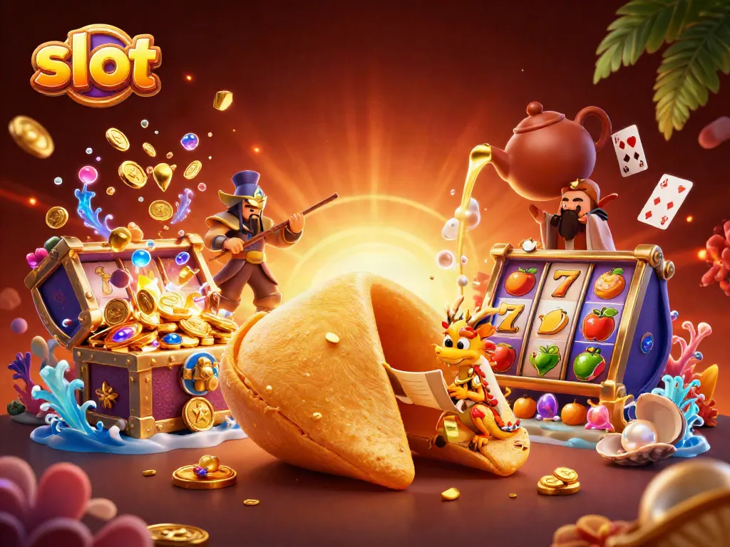 Spin the slot reels filled with lucky symbols and treasures in this vibrant casino scene.