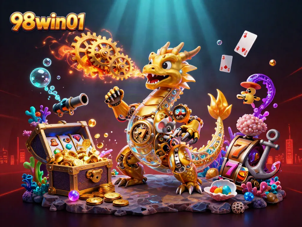 Experience the excitement of 98win01 with a vibrant casino scene featuring a dragon and magical treasures.