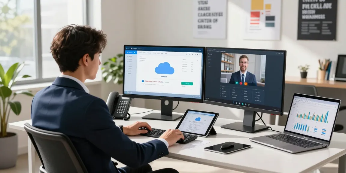Professional workspace featuring a cloud phone system interface on dual monitors, enhancing business productivity.