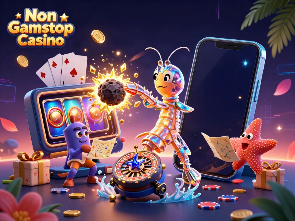 Experience the excitement of Non Gamstop Casino with an action-packed 3D illustration featuring a galactic mantis shrimp.