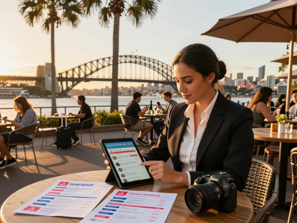 Property manager reviewing airbnb management sydney listings in vibrant outdoor café with iconic Sydney backdrop