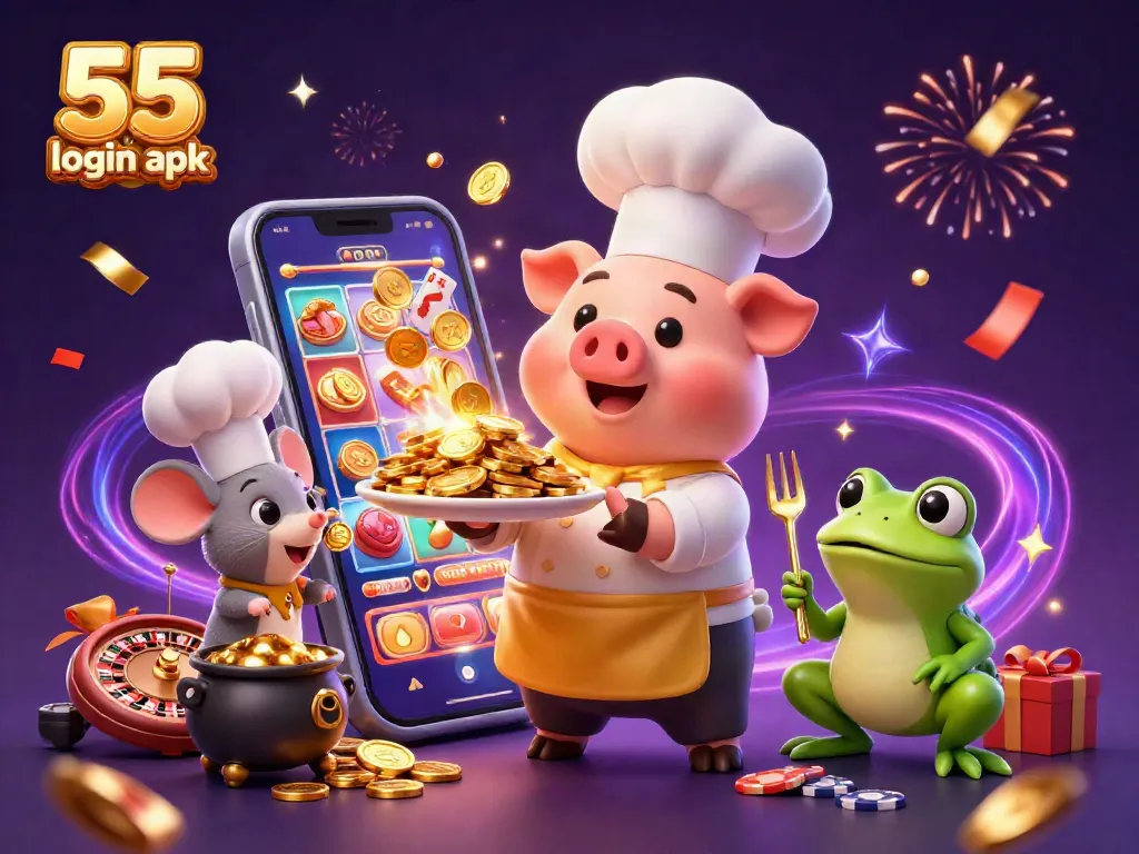 Engage with 55 club login apk featuring a chef pig and a mouse in a vibrant casino setting, promoting fun and winnings.