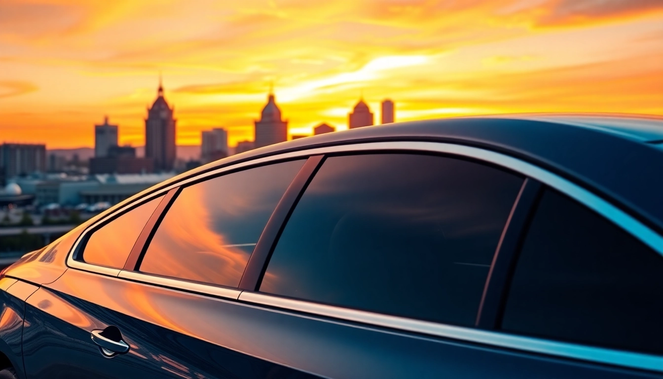 Enhance your vehicle with premium window tint Chattanooga, showcasing a sleek car against a sunset skyline.