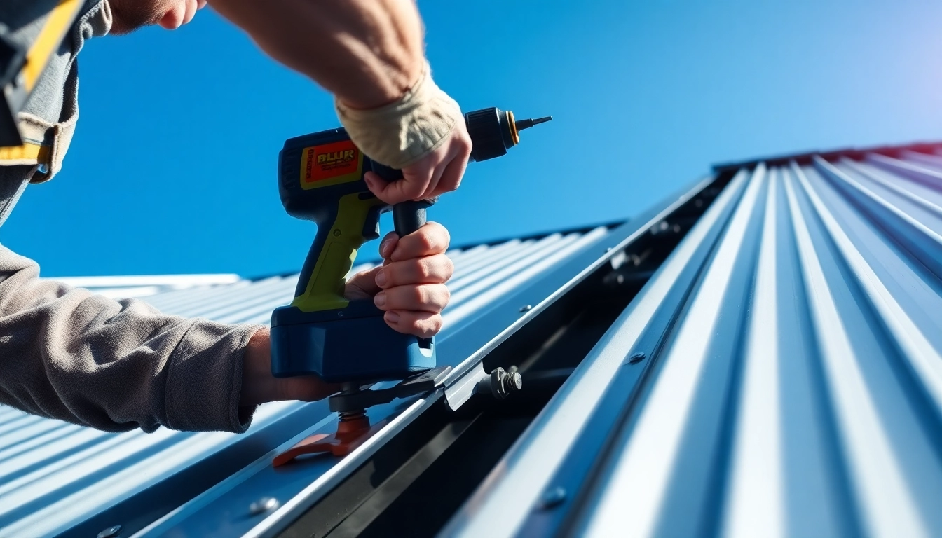 Installing metal roofing Calgary by a skilled worker showing detailed tools and installation techniques.