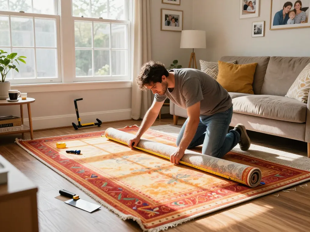 carpet fitters near me working efficiently in a bright living room, showcasing professional installation skills and tools.