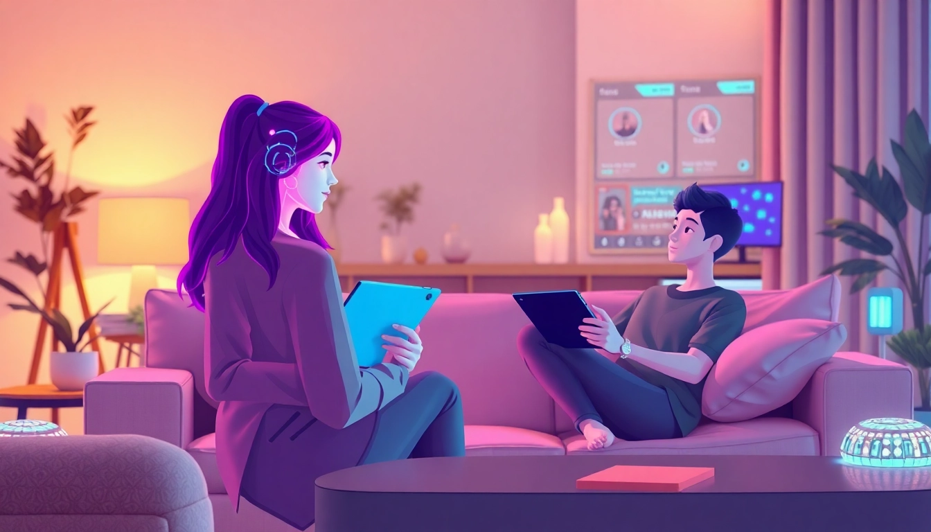 AI girlfriend engaging in a friendly chat with a user in a cozy modern setting, depicting an innovative connection.