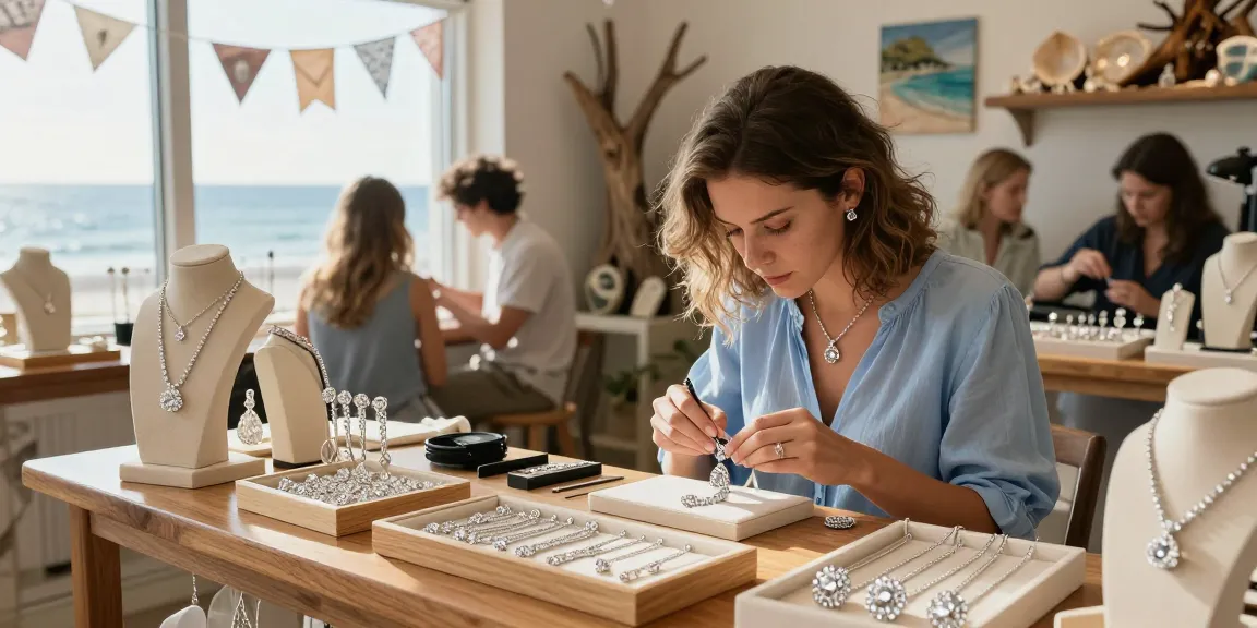 Elegant lab grown diamond necklace UK showcased in a sunny boutique with artisan creating jewellery.