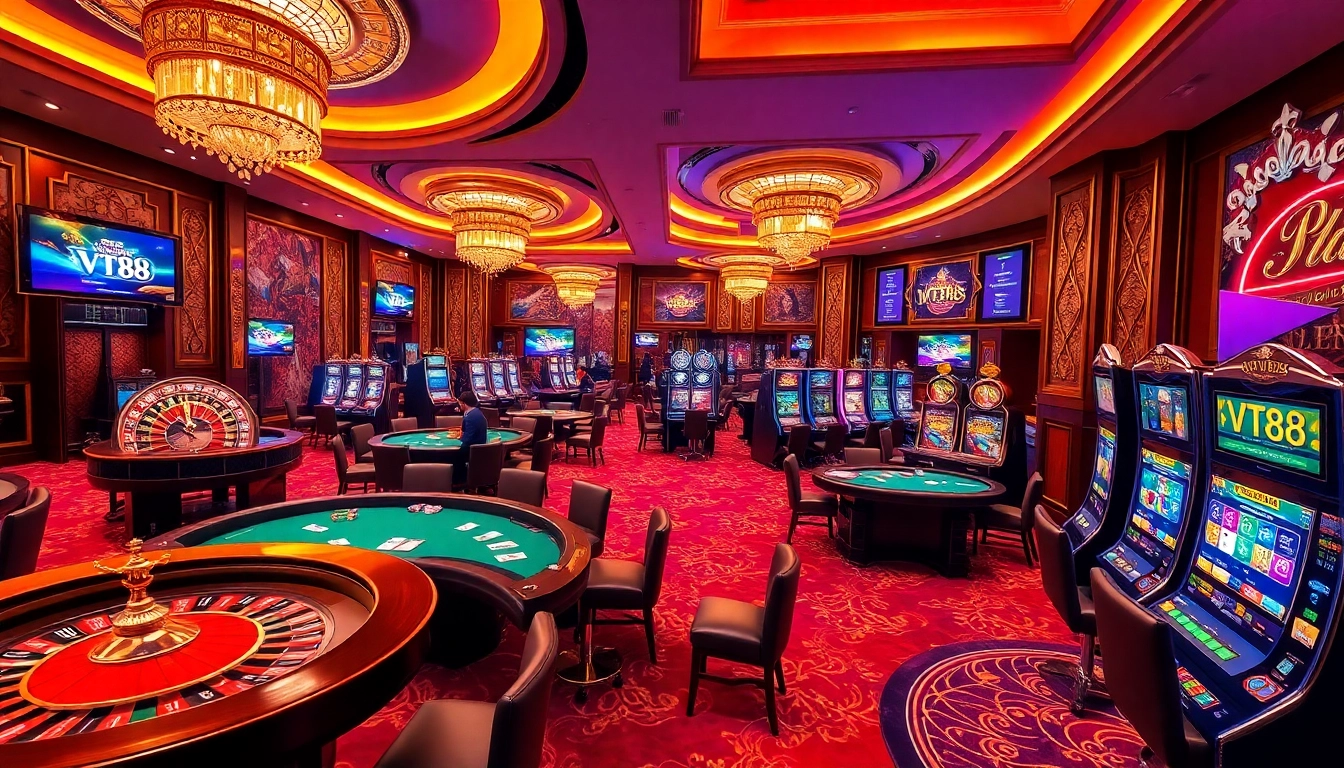 Experience the thrill at VT88 casino with poker, roulette, and vibrant gaming atmosphere.