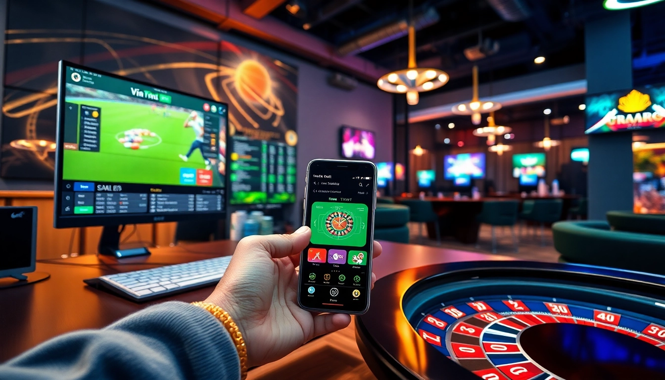 Vin777.gb.net online gaming scene featuring sports betting and casino games, showcasing an exciting gaming atmosphere.