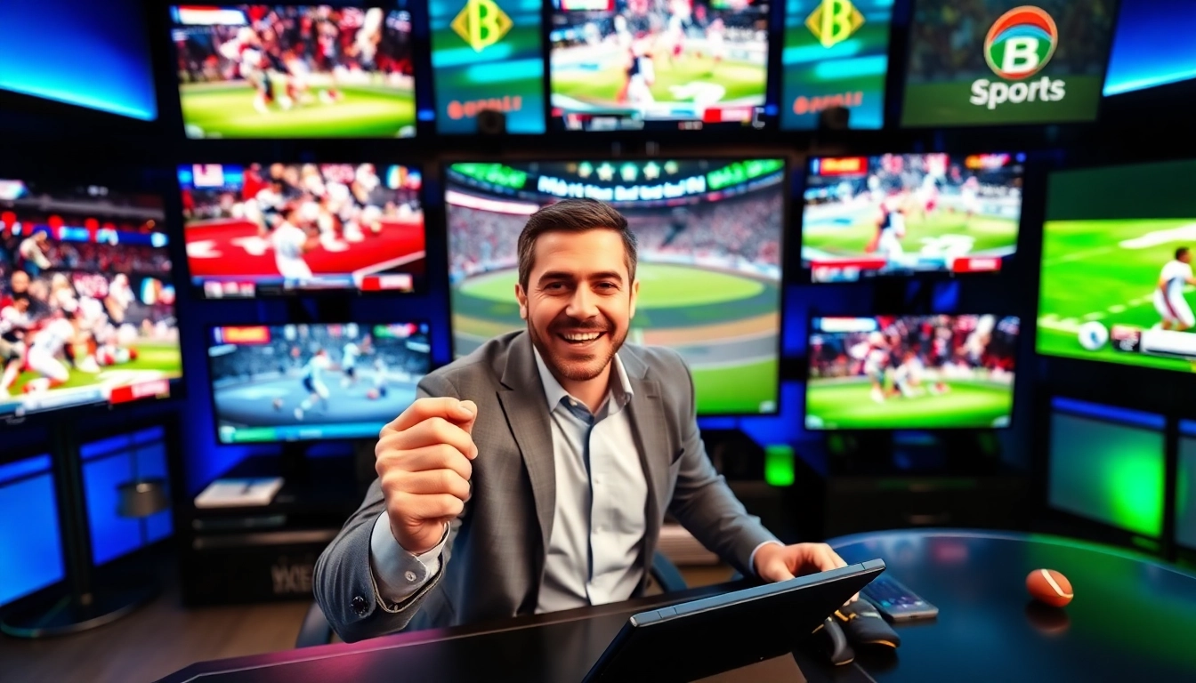 Captivating scene of sports broadcasting with a dynamic host and live event screens.