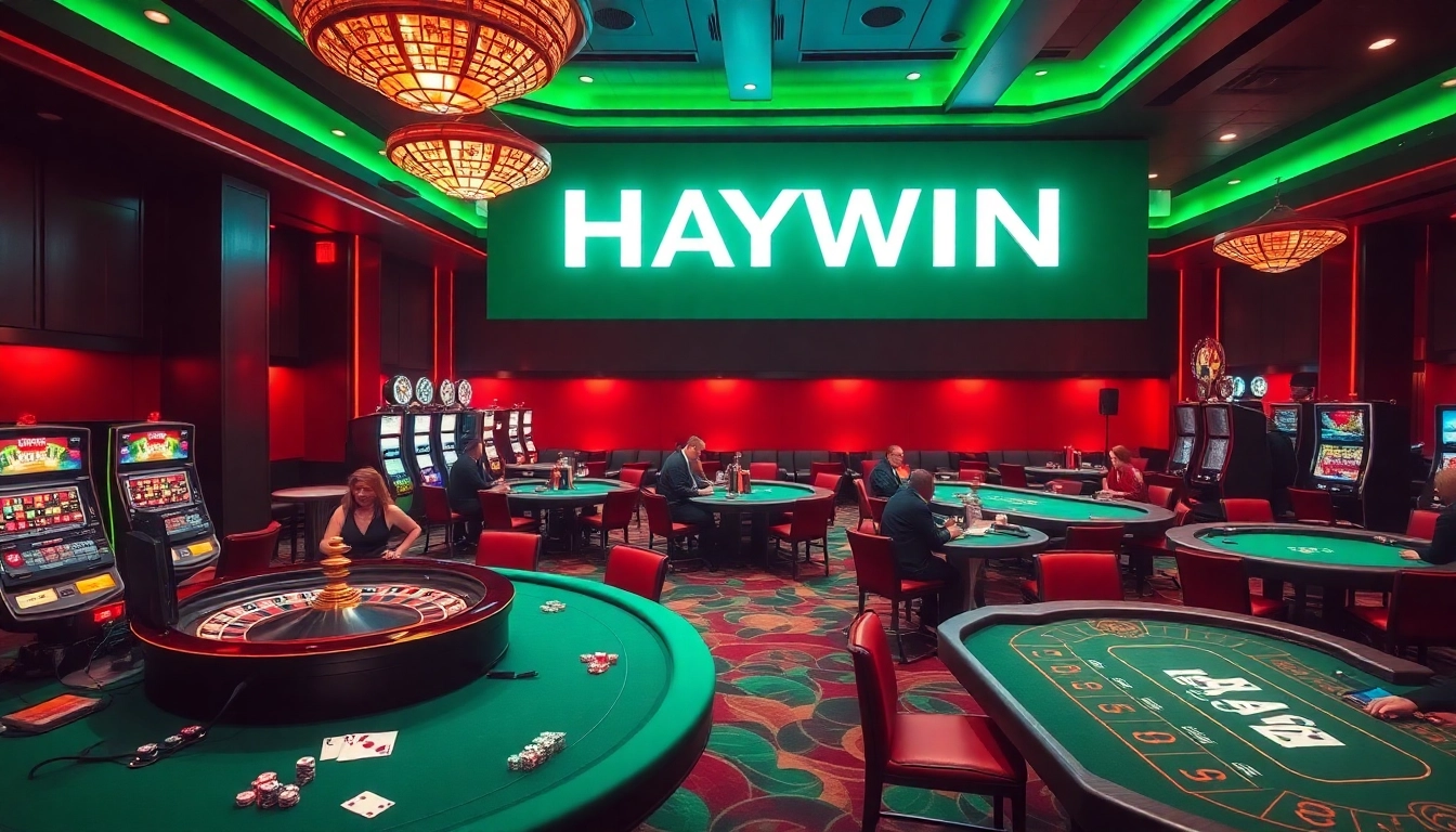 Engaged players enjoying a vibrant casino experience featuring HAYWIN logo, poker chips, and roulette tables.