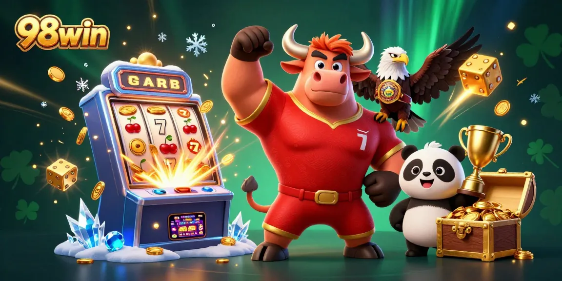Join the excitement at 98win online casino with a lively gaming scene featuring jackpot elements and vibrant characters.
