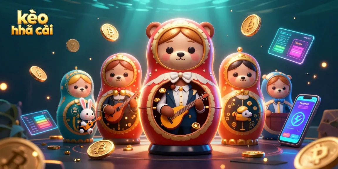 Engaging kèo nhà cái scene with Matryoshka bear and various gaming elements for sports betting.