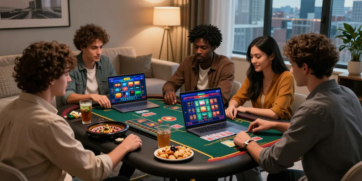 Excited friends enjoying an online gaming session at a credit card casino listed at https://cullengolfclub.co.uk/ with vibrant graphics and snacks.