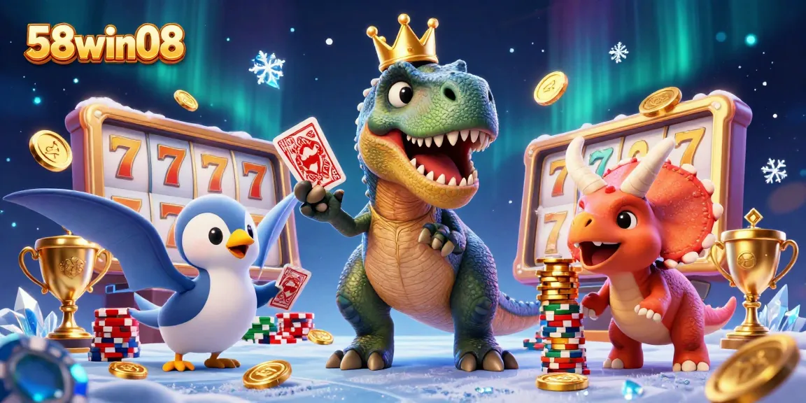 Experience thrilling wins at 58win08 with a fun T-Rex and friends in a vibrant casino scene.