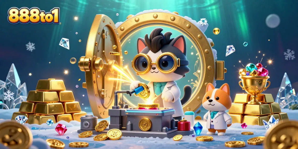 Join the excitement of 888to1 with a cat mad scientist crafting gold coins in a dynamic casino setting.