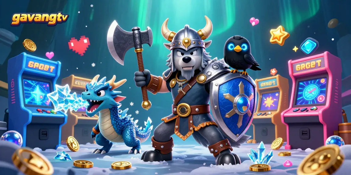 Gavangtv features a Viking wolf warrior, dragon, and raven in a vibrant online gambling scene.
