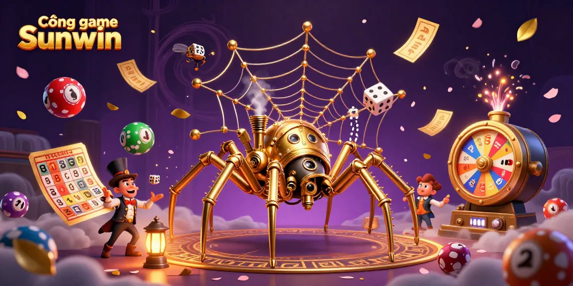 Cổng game Sunwin features a dynamic scene with a steampunk spider and lottery elements, showcasing a lively gaming atmosphere.