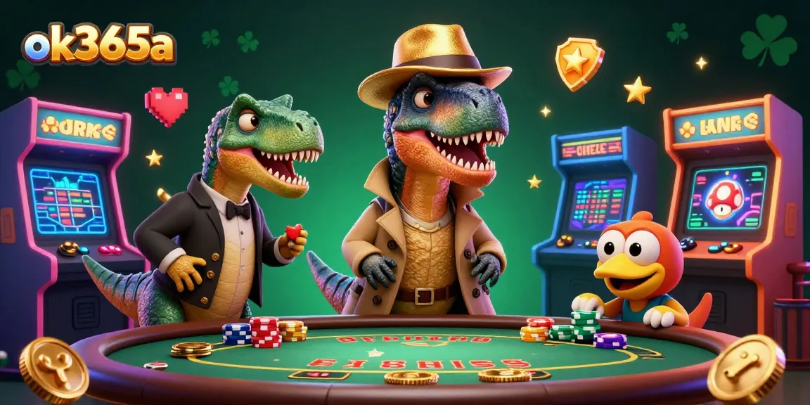 Engage in thrilling blackjack with a velociraptor card counter at ok365a, amidst vibrant casino elements.