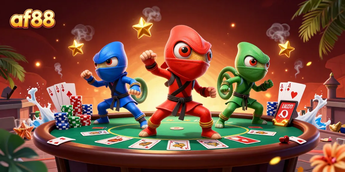 Engage in thrilling gameplay at af88, where a vibrant casino adventure unfolds with cards and chameleons.