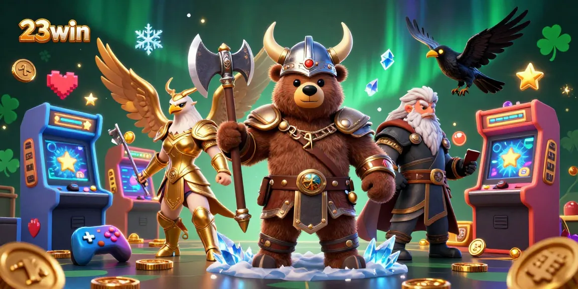 Engage with 23win as a Viking berserker battles alongside a Valkyrie eagle in an immersive casino scene.