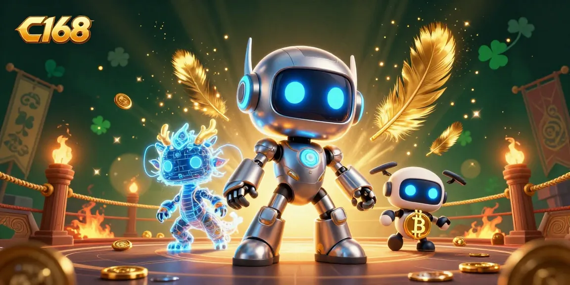 C168 offers thrilling gaming action in a vibrant 3D illustration featuring robots, dragons, and casino elements.