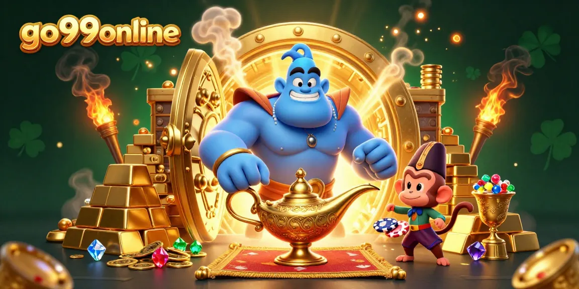 Join the excitement at go99online with a vibrant 3D animation of a genie and treasures for big wins!
