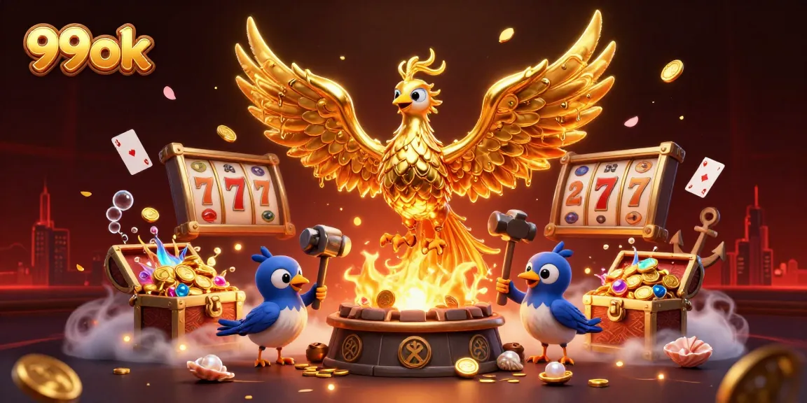 Experience the excitement of 99ok with a 3D illustration of a molten golden phoenix emerging from coins and slot games.