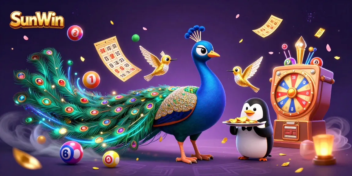 SunWin offers an exciting casino experience featuring a peacock, penguin, and hummingbird amidst lively gambling elements.