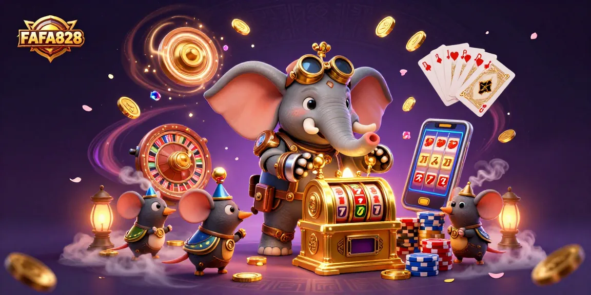 FAFA828 showcases a steampunk elephant engineer operating a slot machine in a vibrant casino scene.
