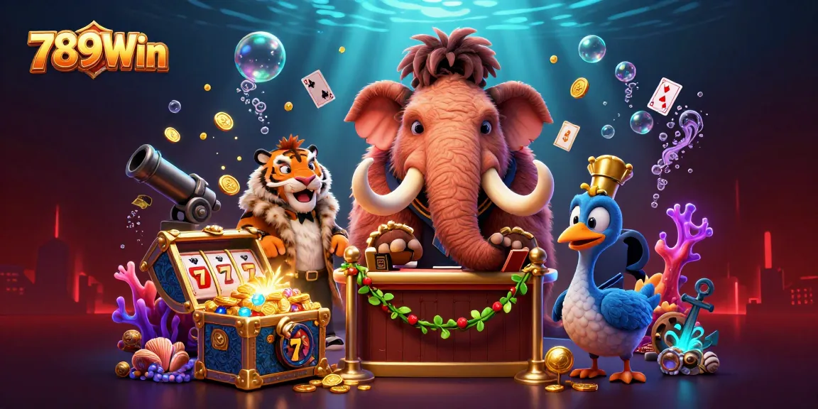 Experience thrilling wins at 789Win with a lively casino scene featuring a woolly mammoth bouncer, VIP saber-tooth tiger, and vibrant game elements.