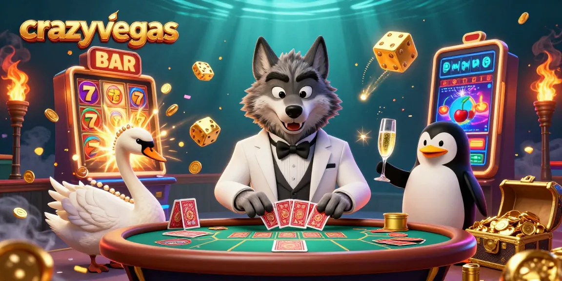 Experience thrilling gameplay at crazyvegas with a debonair wolf, swan dealer, and penguin sommelier amidst jackpot elements.