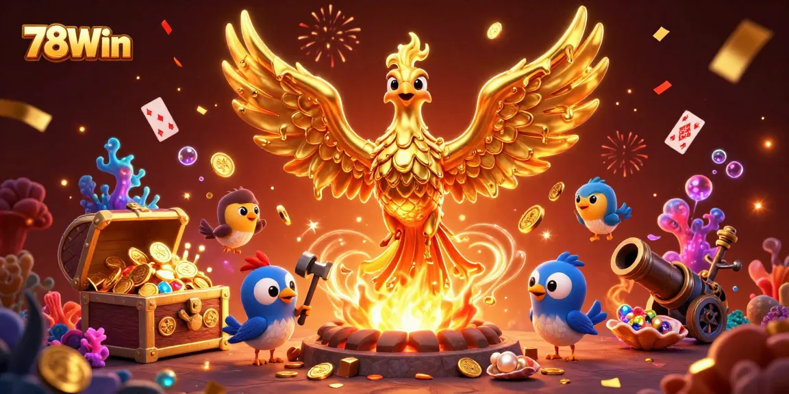 Experience thrilling gameplay at 78Win with a captivating scene of golden phoenixes and treasure!