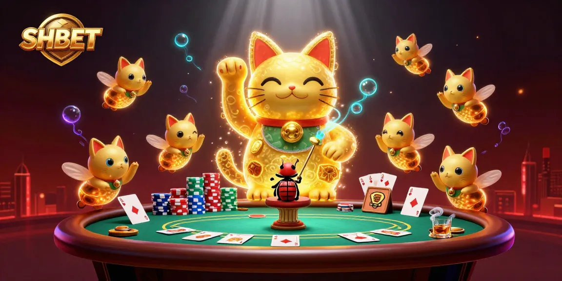 Players celebrate milestones at SHBET with golden fireflies and poker elements in an engaging casino scene.