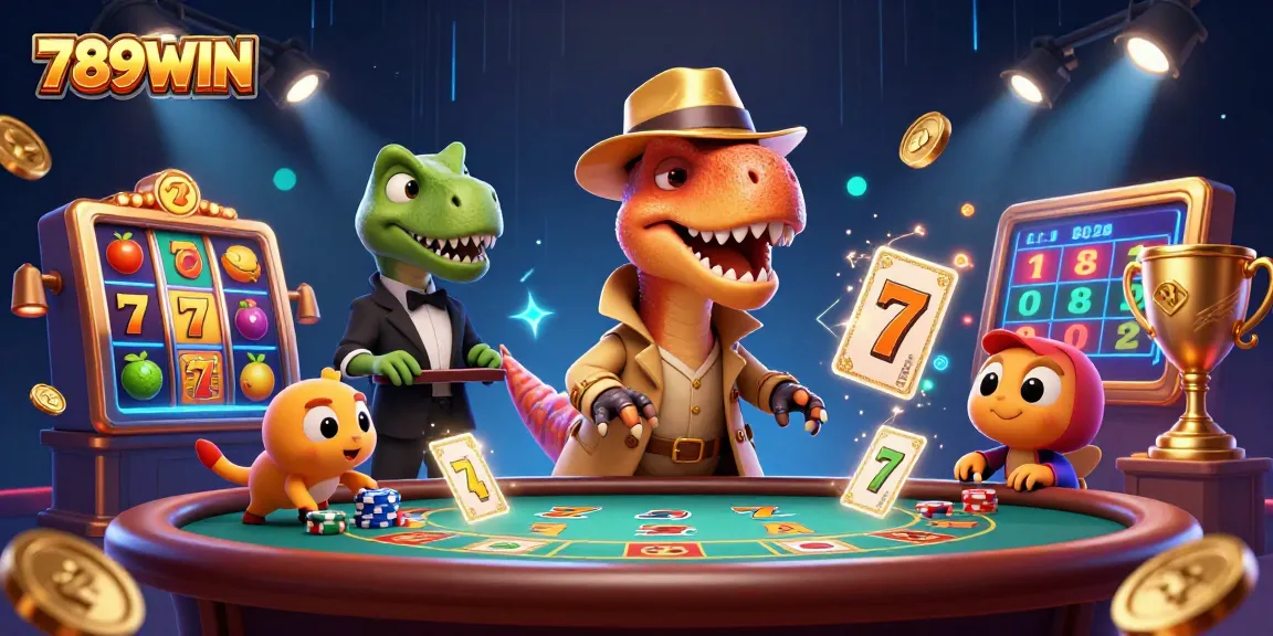 Immerse in the thrilling slot gaming action at 789WIN with cartoon dinosaurs at a blackjack table.
