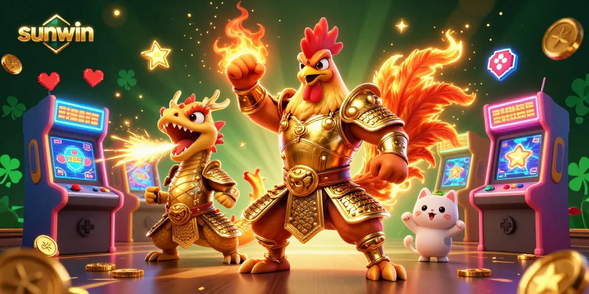 Engage in exciting gameplay at sunwin with a dynamic scene of a rooster warrior, a dragon hatchling, and casino elements.